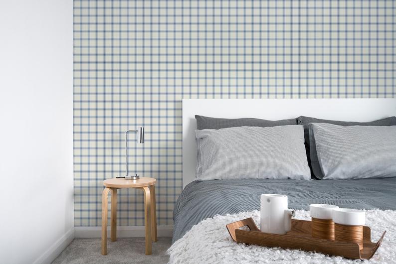 Gingham Traditional Blue and Cream Wallpaper